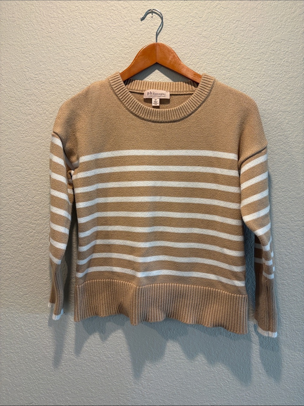 Philosophy Cream and Tan Striped Crewneck Sweater